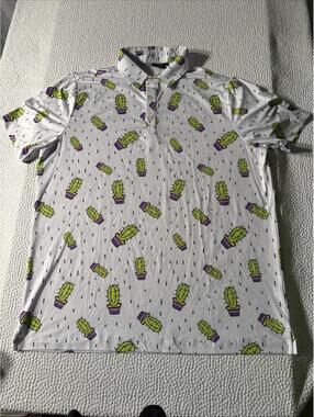 Sunday Swagger Polo Shirt Mens Large White Cactus Print Golf Performance Tech